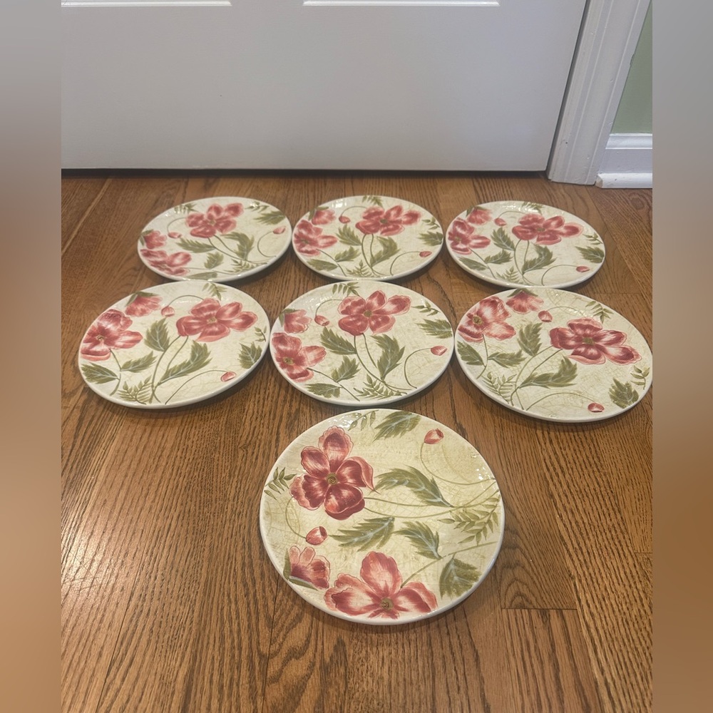Set of  7 Anemone by Ambiance Collections Salad Plates Red Flowers Green Leaves